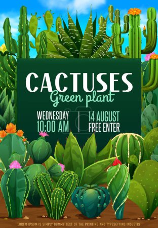 Illustration for Cactus succulents shop flyer. Vector desert plants with flowers, green prickly leaves and stems. Cartoon blooming agave, saguaro, opuntia, rebutia and aloe cacti, mexican and arizona desert succulents - Royalty Free Image