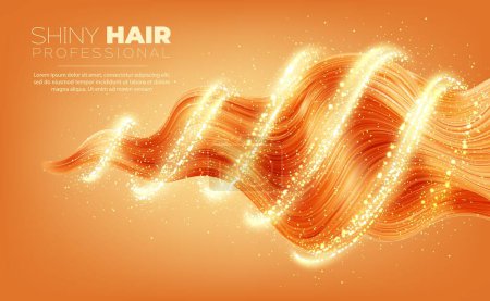 Illustration for Woman fair hair protect shampoo. Red hair strand wave with glow shine sparkles. Realistic 3d vector glittering effect on bright sparkling curls. Radial light waves, protection, care of dye hair Ads - Royalty Free Image