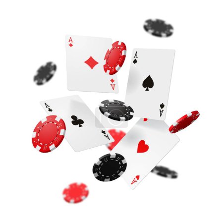 Téléchargez les illustrations : Volant casino jeux de cartes de poker et de jetons. Cartes à jouer vectorielles 3D, as réalistes de pique et clubs noirs, cœurs rouges et diamants avec des jetons de jeu en plastique, jeux d'argent et thèmes de casino - en licence libre de droit