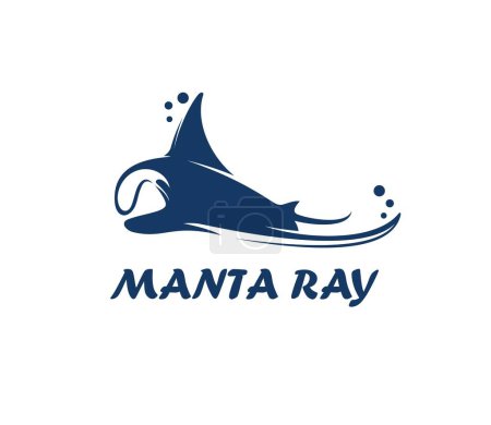 Téléchargez les illustrations : Icône animale Manta ray avec silhouette vectorielle poisson raie ou crampe. Mer et océan Diable ou raie sous-marin nageant avec des bulles d'eau bleues signe isolé de faune marine ou d'aquarium - en licence libre de droit