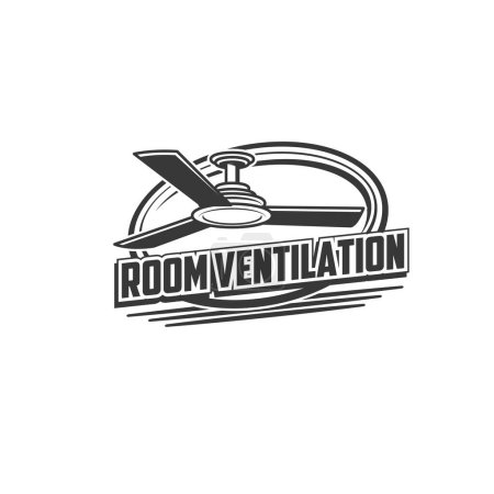 Illustration for Room ventilation icon. House or apartment conditioning installation and maintenance service symbol, home ventilation equipment shop or store monochrome vector emblem icon with ceiling fan - Royalty Free Image