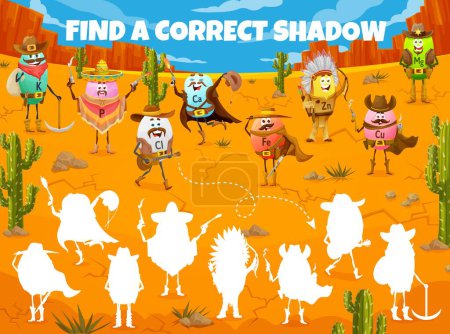 Illustration for Find Correct Shadow of Wild West cartoon cowboy, sheriff, bandit and robber vitamin characters. Vector kids game worksheet with K, P, Cl, Ca, Fe, Zn, Cu, Mg food supplement capsules personages - Royalty Free Image