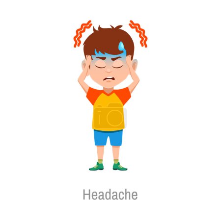 Ilustración de Dolor de cabeza enfermedad infantil, vectores aislados niño enfermo con dolor en la cabeza causado por la tensión, migrañas, sinusitis, deshidratación u otras condiciones médicas - Imagen libre de derechos