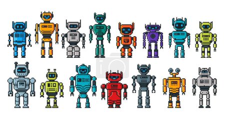 Ilustración de Personajes de robots de píxeles, androides robóticos de 8 bits y androides, activos de juegos vectoriales. Robots de píxeles y androides, juguetes transformadores y máquinas espaciales electrónicas con caras de pantalla para juegos arcade - Imagen libre de derechos