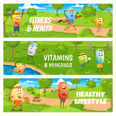 Illustration for Fitness and health, cartoon vitamin and mineral sportsman characters, vector banners. Vitamins and micronutrient minerals on sport, calcium play tennis, potassium swimming and iron with gym barbell - Royalty Free Image