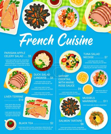 Illustration for French cuisine menu, vector parisian apple celery salad, tuna salad nicoise and mussels mariniere. Duck salad landaise, salmon tartare, shrimp cocktail with marie rose sauce and liver terrine dishes - Royalty Free Image