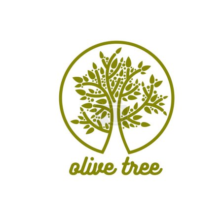 Ilustración de Olive tree symbol for natural bio and organic food, vector icon of olive oil. Emblema de etiqueta de la cocina vegetariana y vegana para aceite de oliva virgen extra y productos de condimento o comida mediterránea - Imagen libre de derechos