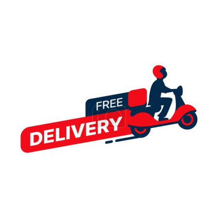 Illustration for Free delivery icon, fast food service scooter or express courier, vector symbol. Free shipping service icon for parcel or speed delivery freight, man on motorcycle scooter deliver pizza order - Royalty Free Image