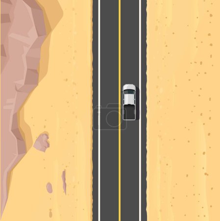 Illustration for Desert road top view landscape with vector sand, car and mountain rocks. White pickup truck driving on speed asphalt road or highway across Arizona, Mexico or Texas desert nature, car trip or travel - Royalty Free Image