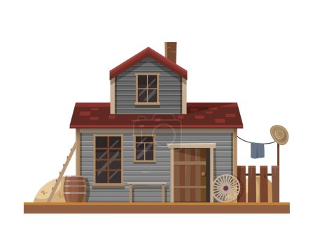 Illustration for Western Wild West stables, country town building or horse barn, vector Texas cartoon architecture. American country or Wild West cowboy horses stall or stables barn, cattle wooden house - Royalty Free Image