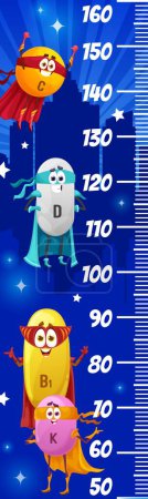 Illustration for Kids height chart ruler. Cartoon superhero vitamin characters. Vector scale for child with food supplement C ascorbic acid, D calciferol, B1 thiamin and K phytonadione capsule personages in night city - Royalty Free Image