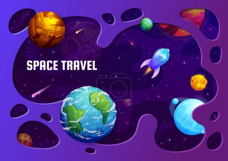 Illustration for Paper cut space landscape. Galaxy planets and spaceship. Outerspace discovery paper cut vector banner with earth and alien planets, cartoon comets, asteroids and rocket spaceship flying in outerspace - Royalty Free Image