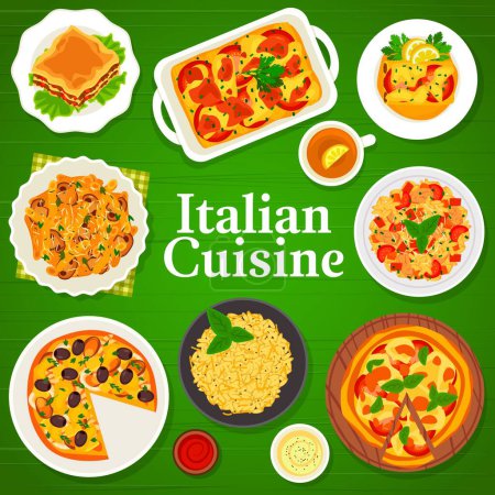 Illustration for Italian cuisine menu cover with pasta, pizza and risotto, Italy restaurant dishes and meals. Italian cuisine traditional gourmet food, seafood pizza Marinara, stuffed cannelloni pasta and lasagna - Royalty Free Image