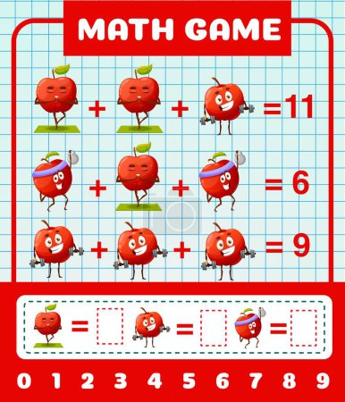 Illustration for Cheerful cartoon red apple characters, math game worksheet. Vector mathematics and arithmetic riddle for children learning, subtraction equations with funny fruits doing sports and yoga exercises - Royalty Free Image