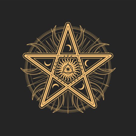 Illustration for Pentagram spiritual symbol, isolated amulet with mysterious signs, magic talisman. Occult esoteric vector Pentacle star surrounded with crescent moons, sun, circle and triangle shapes in center - Royalty Free Image