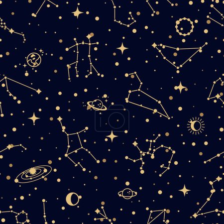 Illustration for Constellation pattern, vector seamless background with zodiac star clusters, planets and satellites in black sky. Groups of stars in section of celestial sphere. Cosmic bodies in boundless space - Royalty Free Image