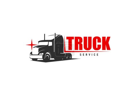 Truck repair service icon. Freight transportation, cargo delivery or vehicle repair garage station workshop vector symbol with modern American semi truck, trailer hauling lorry and typographic