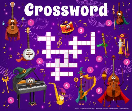 Illustration for Crossword music quiz game grid wizard and fairy musical instrument characters. Find a word vector worksheet with cartoon guitar, banjo and piano. Violin, saxophone and harp, cello, trumpet or flute - Royalty Free Image