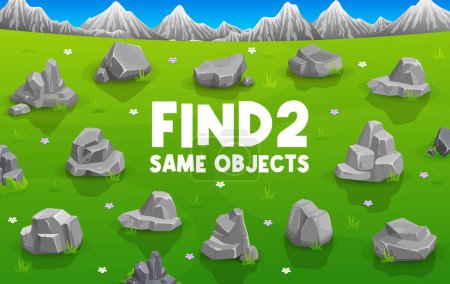 Illustration for Find two same grey rock stones on mountains landscape, vector game worksheet. Kids quiz puzzle to search, compare and find same objects on picture with stone rocks and pebbles for riddle game - Royalty Free Image