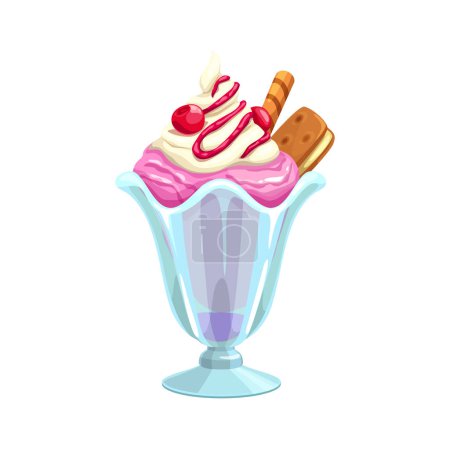 Illustration for Cartoon ice cream in glass cup. Vector sundae dessert food of strawberry gelato with whipped cream, cherries and sweet fruit syrup toppings, chocolate waffle tube and chocolate cookie sandwich - Royalty Free Image