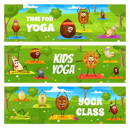 Illustration for Kids yoga and fitness class, cartoon nuts characters on yoga. Vector banners with almond, coconut, pekan and peanut, kidney bean, brazil or macadamia. Sunflower or pumpkin seeds, cashew and walnut - Royalty Free Image