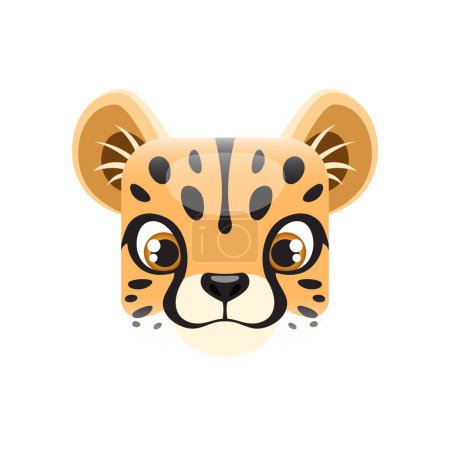 Illustration for Cartoon cheetah cub kawaii square animal face. Isolated baby leopard head or muzzle with dotted fur. Vector jungle character portrait, app button, icon, graphic design element - Royalty Free Image