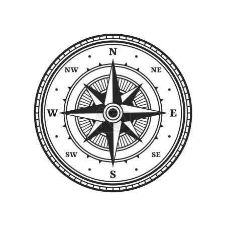 Illustration for Old compass, vintage map wind rose. Isolated vector medieval nautical navigation sign. Monochrome windrose for cartography direction. Retro maritime symbol for marine travel and orienteering in sea - Royalty Free Image