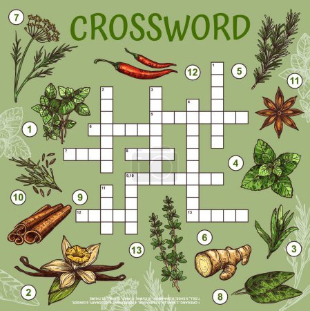 Illustration for Herbs, spices and seasonings crossword grid worksheet. Find a word quiz, vector maze oregano, vanilla, tarragon, peppermint and rosemary. Ginger, dill, sage, cinnamon or anis, cumin and chili, thume - Royalty Free Image