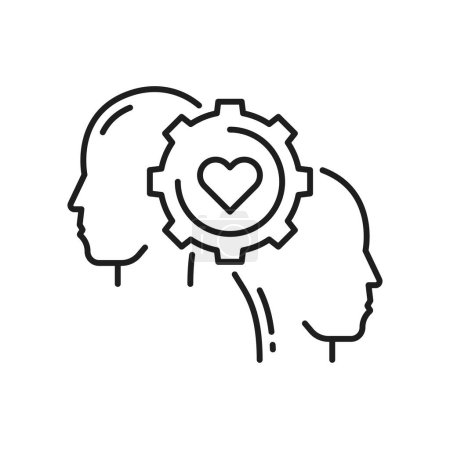 Ilustración de Equipo de mecanismo de pareja y amor, ayuda y apoyo. Vector hombre y mujer y corazón en rueda dentada, psicoterapia, salud mental y amistad - Imagen libre de derechos