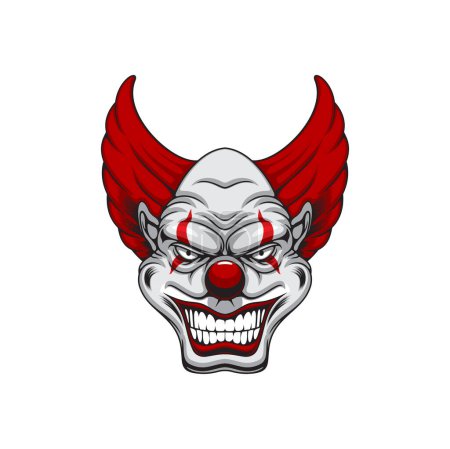 Illustration for Scary clown face, cartoon creepy isolated vector Halloween character with red hair, lips and marks on eyes. Aggressive antihero personage with bared teeth and thin pupils Joker monster, evil funnyman - Royalty Free Image