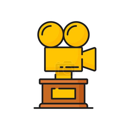 Illustration for Video camera golden film award line icon. Vector gold trophy or prize, videocamera and film reel, movie award at cinema and motion picture art competition - Royalty Free Image