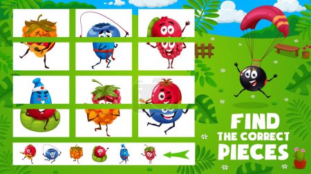 Illustration for Find the correct pieces game. Cartoon berry characters on summer party. Connect piece riddle vector worksheet or part search kids game with raspberry, honeysuckle and blueberry, dogwood, cowberry - Royalty Free Image