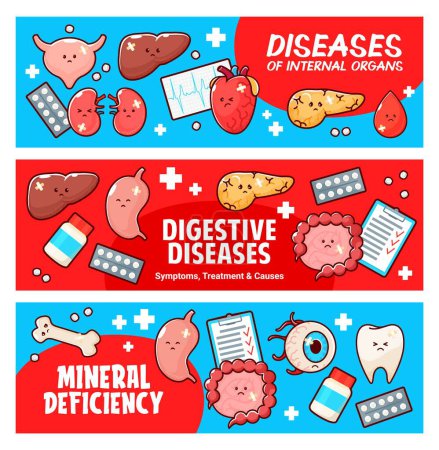 Illustration for Sick human body organ characters, digestive diseases symptom, treatment and causes vector banners with stomach, pancreas, eye, tooth and blood. Heart, kidneys, gut and liver anatomical internal parts - Royalty Free Image