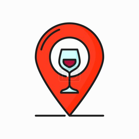 Téléchargez les illustrations : Pointeur de carte de magasin de vin, itinéraire à l'icône de contour de couleur de magasin d'alcool. Verre à vin vectoriel et logo d'emplacement de broche, destination de lieu de restaurant - en licence libre de droit