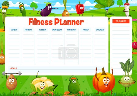Illustration for Fitness weekly planner schedule, cartoon vegetables on meadow, agenda calendar. Vector cauliflower, eggplant, asparagus and potato, cucumber, onion, bell pepper and spinach or pumpkin workout on field - Royalty Free Image