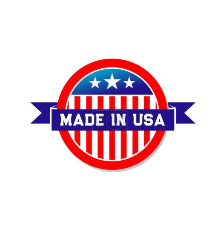 Ilustración de Hecho en EE.UU. icono de etiqueta con bandera americana de rayas rojas blancas y estrellas. Insignia redonda vectorial para América productos manufacturados garantía de calidad. Bandera nacional de Estados Unidos con sello o etiqueta de cinta azul - Imagen libre de derechos