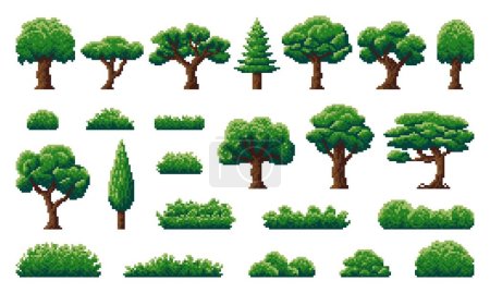 Téléchargez les illustrations : Pixel forêt et jungle arbres, arbustes, herbe et plantes herbacées de 8 bits jeu vidéo nature actif. Pixel art arbres d'été et buissons aux feuilles vertes et troncs bruns, pins, chênes, sapins et érables - en licence libre de droit