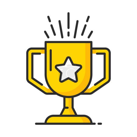 Illustration for Winner trophy cup with star icon, vector customer reward, loyalty benefits and bonus points. Gold prize, award or trophy goblet color line symbol of customer loyalty incentive program, special reward - Royalty Free Image