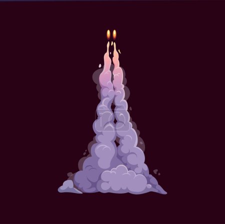 Ilustración de Huella de humo de cohete de dibujos animados. Vector contrail con fuego y smog grueso. Lanzamiento de naves espaciales, lanzamiento, despegue en el cielo con llamas y nubes. Aviación supersónica aislada o motor espacial volando - Imagen libre de derechos