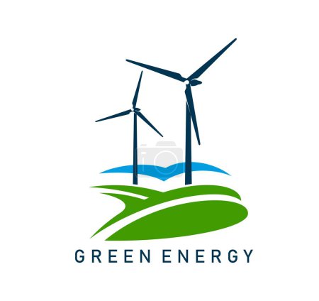 Ilustración de Emblema de la turbina eólica. Energía limpia verde. Signo de innovación de producción de electricidad, torre de generador de fuente de energía renovable o símbolo vectorial de la industria de generación de energía sostenible con turbinas eólicas - Imagen libre de derechos