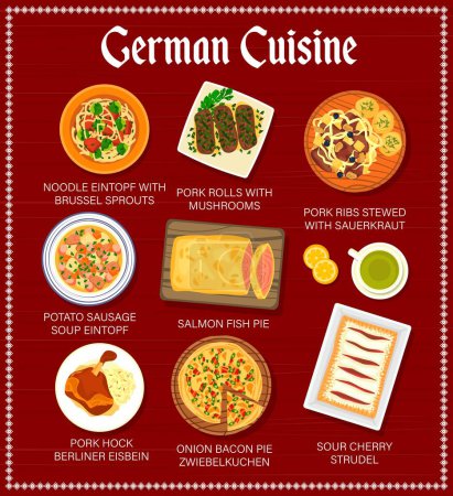 Illustration for German cuisine menu page template. Noodles with brussel sprouts, pie Zwiebelkuchen and Berliner Eisbein, cherry strudel, ribs with sauerkraut and soup Eintopf, salmon pie, pork rolls with mushrooms - Royalty Free Image