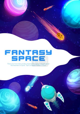 Illustration for Cartoon space landing page with galaxy landscape, planets and starship. Business startup website vector template, company project or product launch landing page layout, fantasy space of alien universe - Royalty Free Image