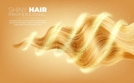 Illustration for Woman hair protect shampoo, blond fair hair strand wave with magic glow shine sparkle, vector background. Hair care and protect shampoo, conditioner and serum for hair treatment in gold sparkling wave - Royalty Free Image