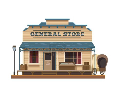 Illustration for Western Wild West general store town building, vector old american architecture. Cartoon house of Texas town general store, retail shop or grocery with wood facade, windows, door and Wild West wagon - Royalty Free Image