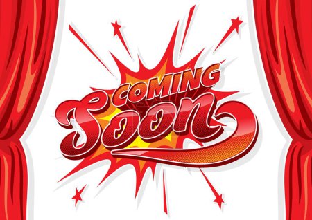 Illustration for Coming soon cartoon poster with red curtains, new opening sign or vector banner background. Coming soon red curtains for store sale open or new arrival, film or movie premiere night and product promo - Royalty Free Image