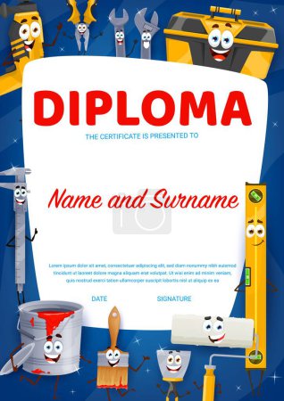 Illustration for Kids diploma. DIY and repair tools cartoon characters vector certificate. Kindergarten or preschool achievement award or graduation diploma with cute spanner, wrench, paint and paintbrush personages - Royalty Free Image