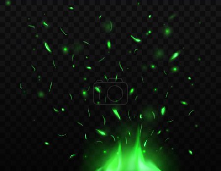 Ilustración de Chispas de fuego verde, vector 3d llama mágica con humo y brillantes destellos voladores. Efecto de luz realista sobre fondo oscuro con partículas ardientes de hoguera ardiente, hoguera nocturna o llamas de fuego infernal - Imagen libre de derechos