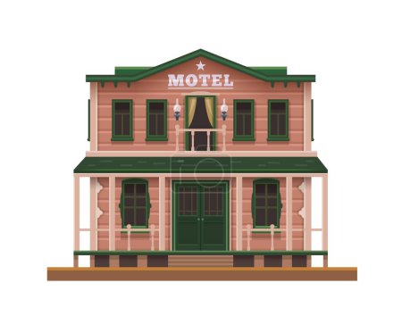 Illustration for Western, Wild West motel or hotel, town building and old American country architecture, isolated vector. Western motel or Wild West hotel wooden house entrance, cartoon facade exterior - Royalty Free Image
