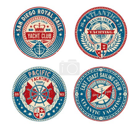 Illustration for Yacht club retro patches, regatta badge and nautical sailor vector emblems. Yachting cub or sail team and marine, boat crew labels with heraldic anchor and helm, ocean and sea regatta flag patches - Royalty Free Image