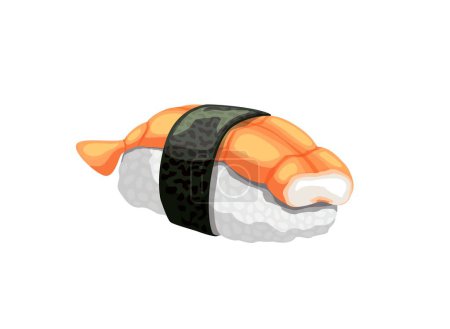 Ilustración de Sushi de camarones de dibujos animados, comida de cocina japonesa de vectores, restaurante de mariscos o plato para llevar de sushi bar. Ebi nigiri hecho de arroz, gambas y algas nori, comida para llevar y menú bento box - Imagen libre de derechos